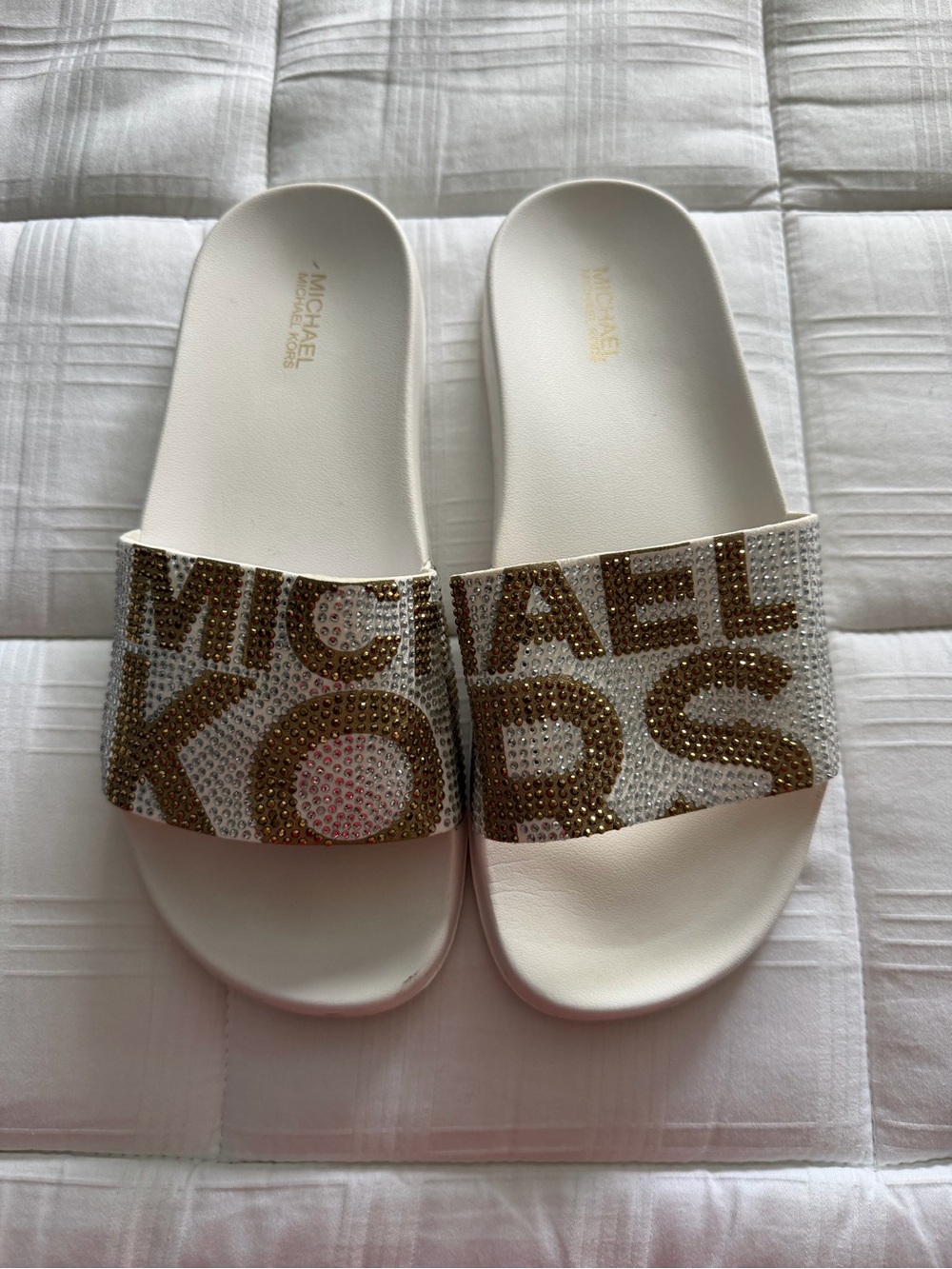 Michael Kors White Slides with Gold Crystal Logo